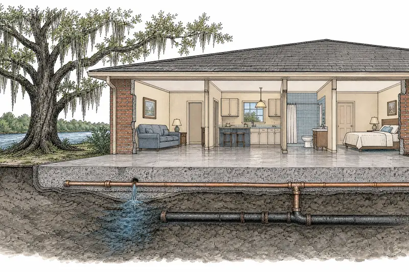 Cutaway drawing of a Louisiana slab-on-grade house with water and drain pipes under the slab and a leak spreading into the soil